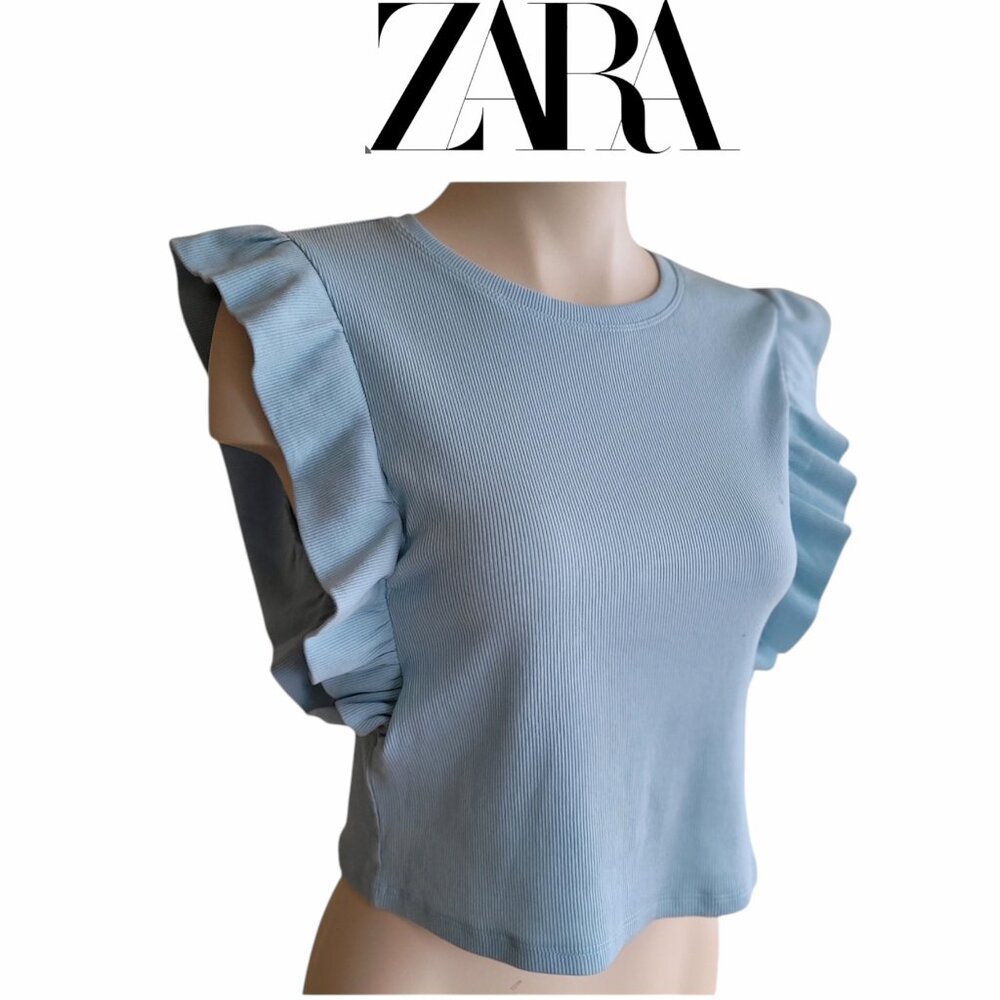 Zara sleeveless baby blue ruffled-sleeve Spring top size M NWT Sabrina Carpenter